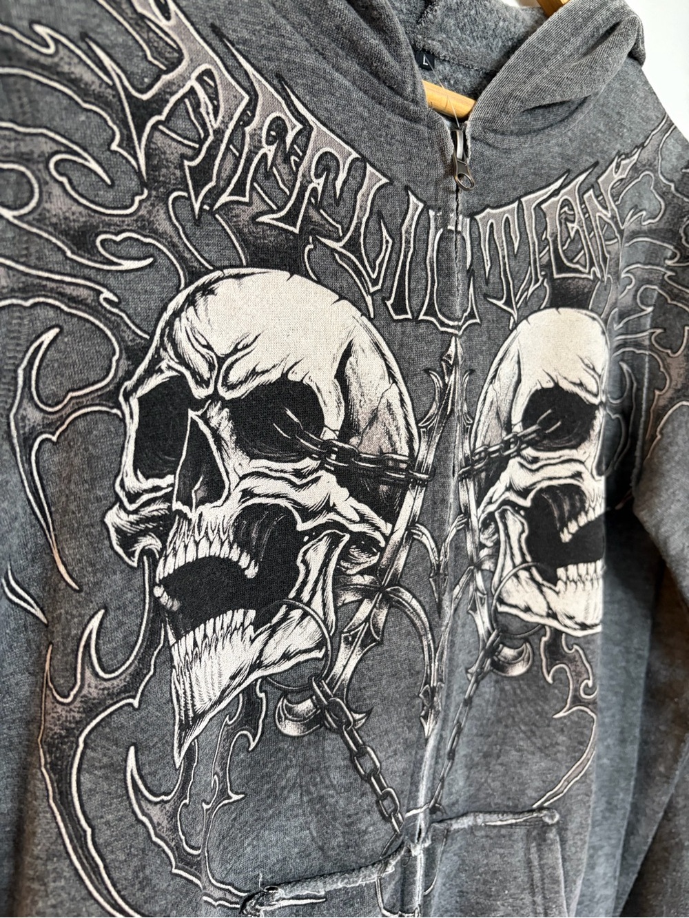 NWT Affliction Gray Skull Graphic Zip Hoodie